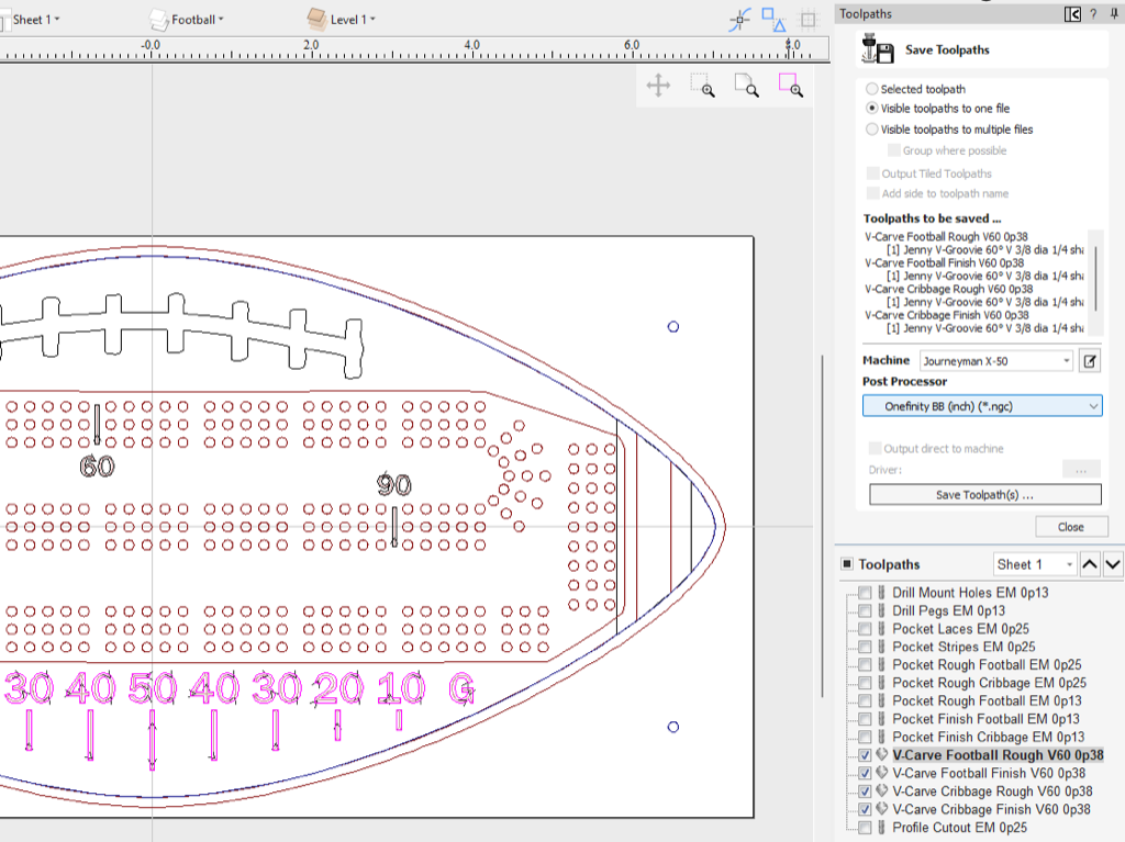 Figure 6: V-carve preview - football and cribbage grid markers